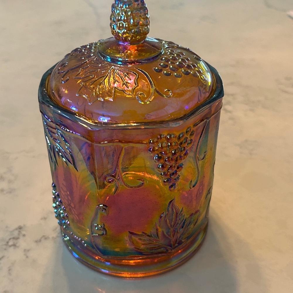 Vintage Indiana Carnival Glass Jar 7" w/ Lid Amber Harvest Grape Iridescent